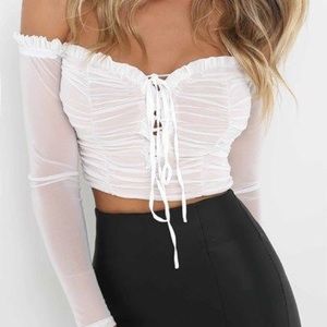 Authentic tigermist white lace up off shoulder top
